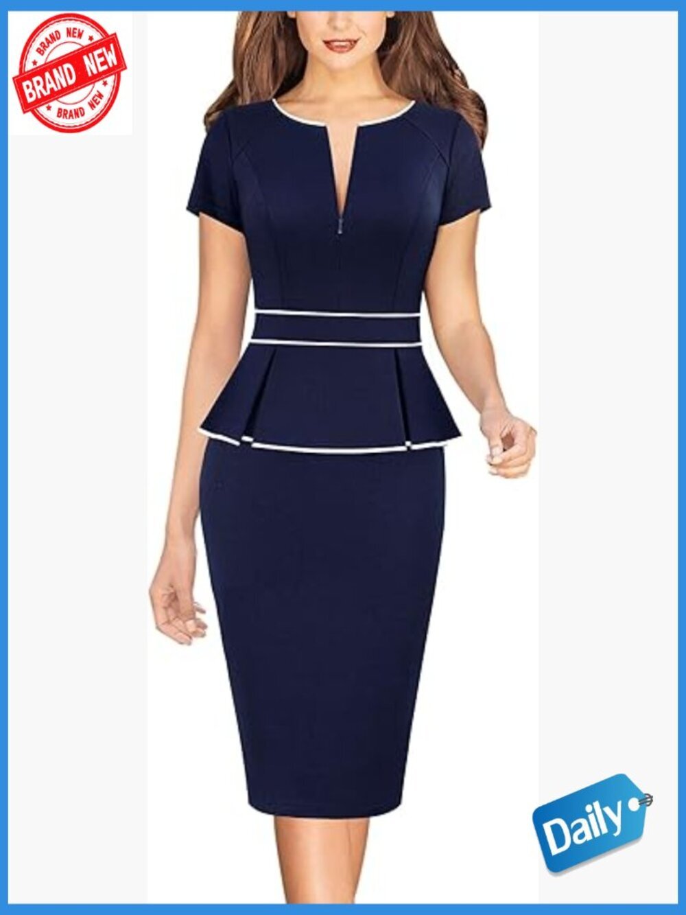 Knee Length Pencil Sheath Dress with Front Zipper Peplum Waist Short Sleeve